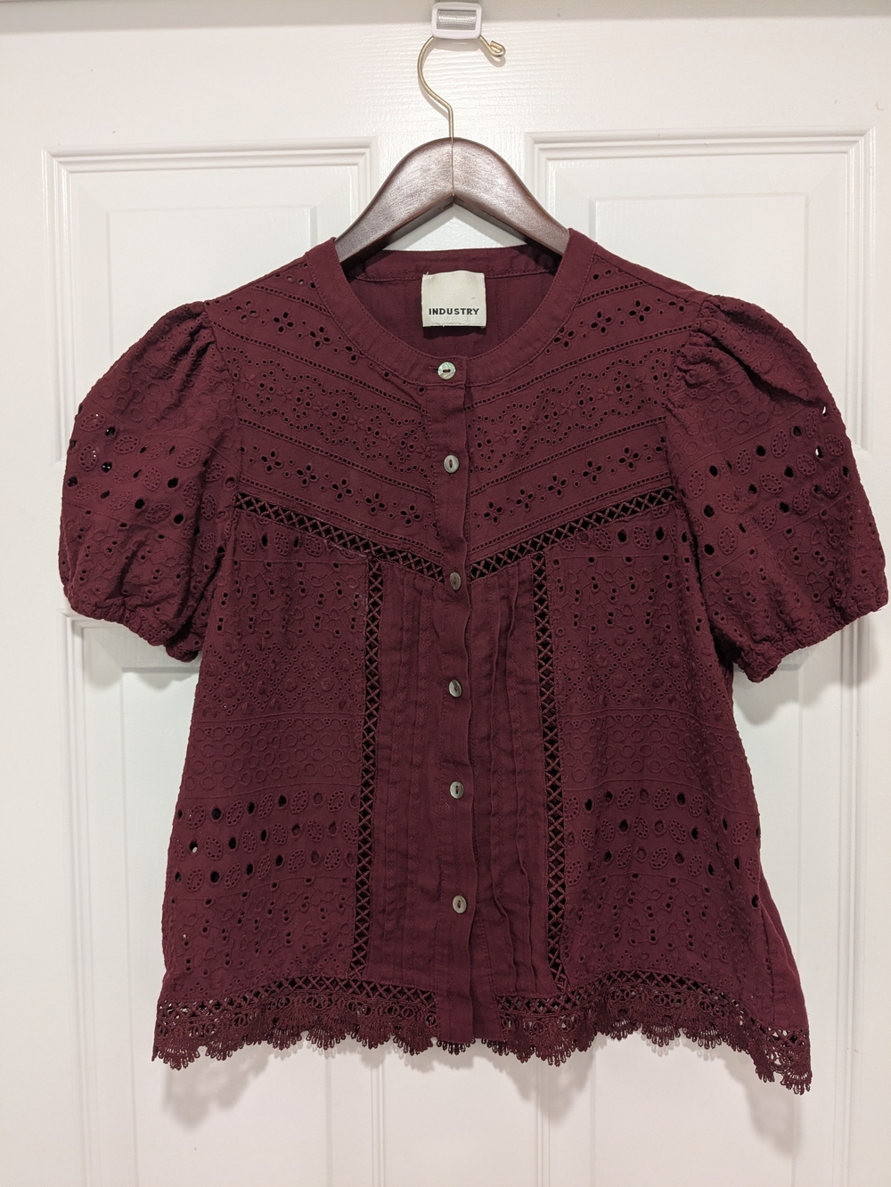INDUSTRY Burgundy Eyelet Button-Up Blouse with Puff Sleeves